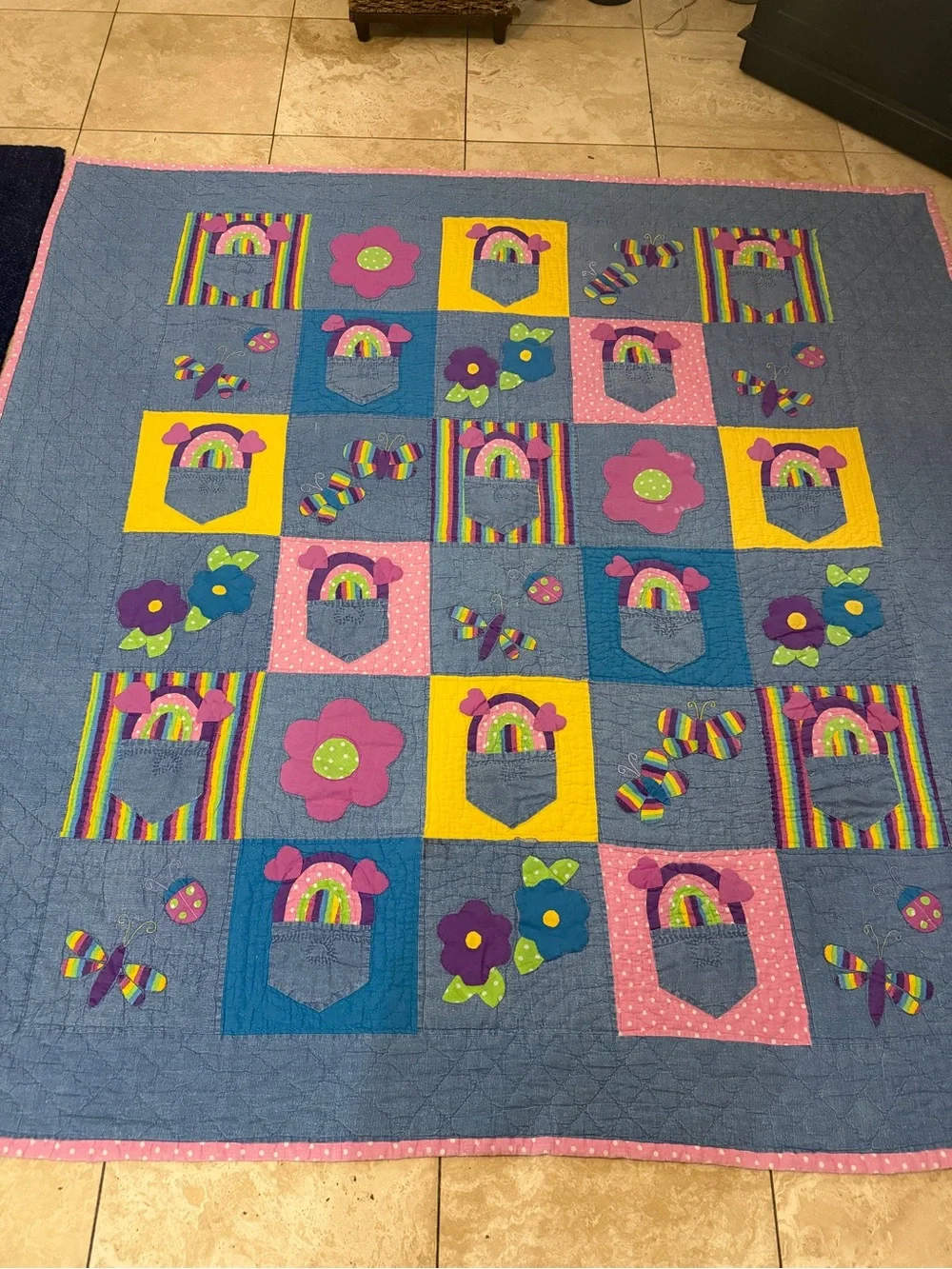 Vintage Handmade Applique Rainbow Quilt Twin 80x80” Floral Butterfly Patchwork